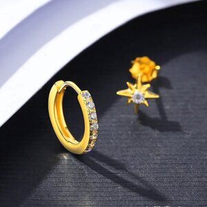 Gold Eternity Huggie and Star Stud Earrings. 925 Sterling Silver. #1014